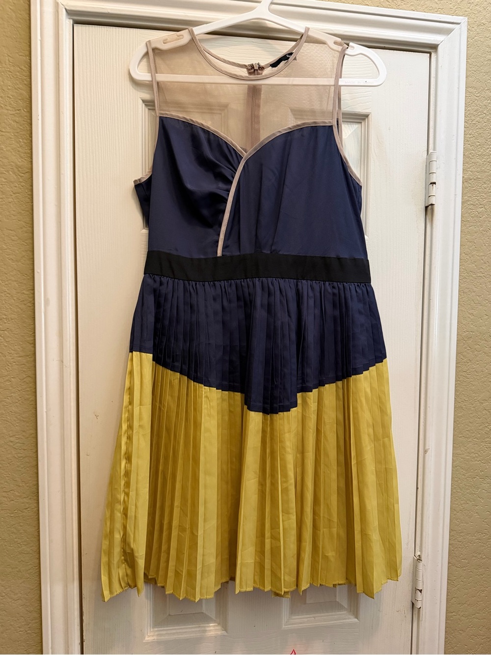 Ryu Navy and Yellow Pleated Mesh Yoke Party Dress